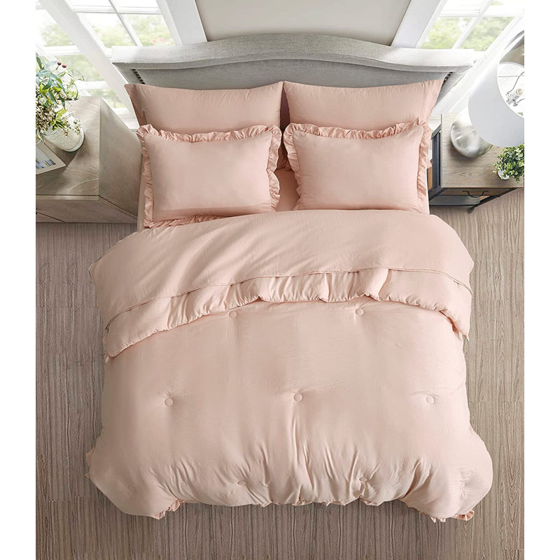 Ruffled Edge Microfiber Bed in a Bag Comforter Set, Queen Comforter + 6 Additional Pieces, Blush