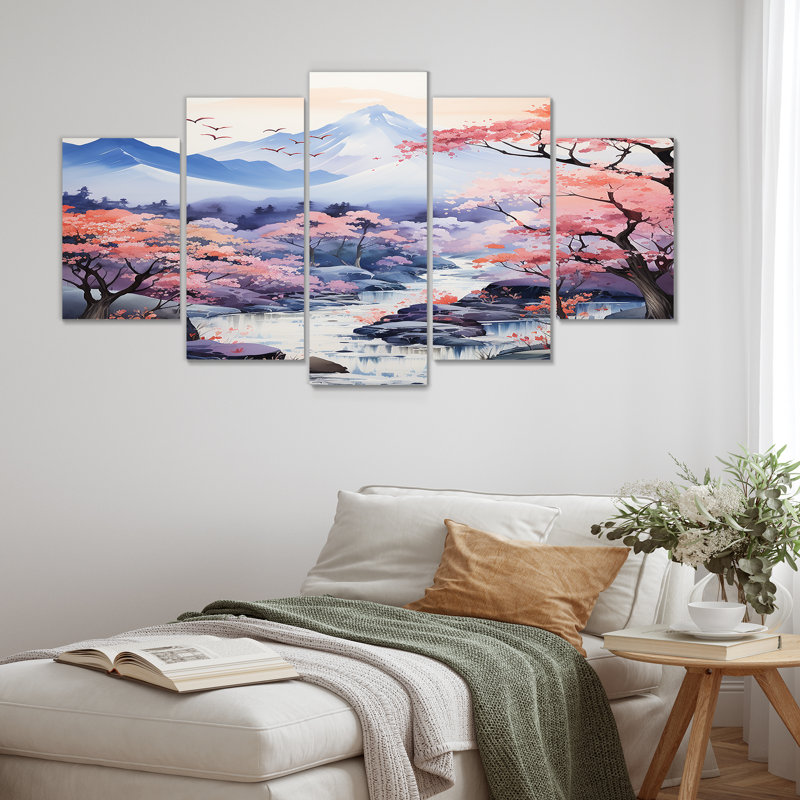 5 pièces de décoration murale en forme de rivière pastel chinois I - Maison de lac, H 32 po x l 60 po