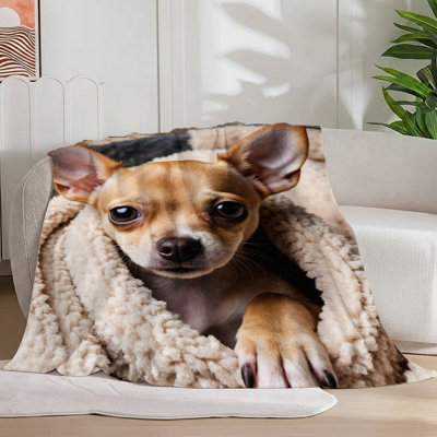1pièce en flanelle de couleur crème, conception mignonne de chihuahua mignon et chaleureux pour un canapé / lit / voyage 55 * 70