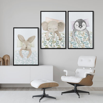 Cute Animals Baby Elephant Rabbit Penguin Kids Bedroom Nursery Decor Framed Canvas Print Wall Art