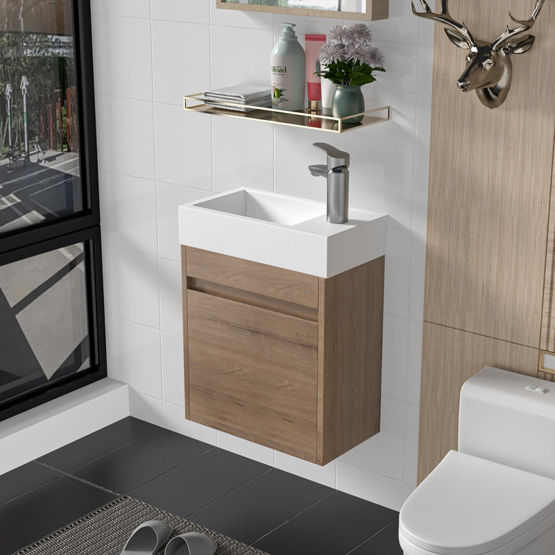 Ensemble de meuble-lavabo simple 18 po avec plateau en résine Argyroula, Marron clair