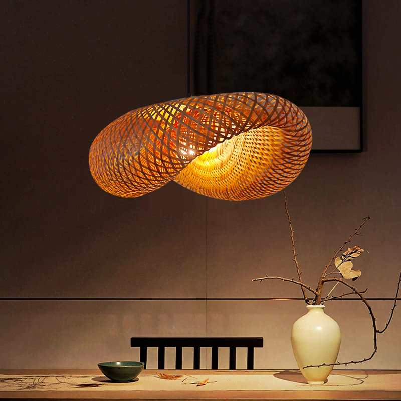 Cordrey Handmade Woven Bamboo Adjustable Contemporary Farmhouse Rustic Celling Hanging Pendent Lamp Rattan Chandelier For Living Room