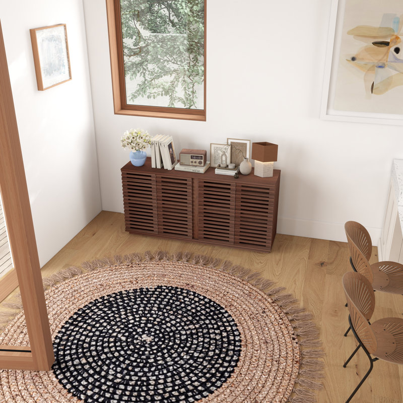 Minimalist Style Storage Cabinet With Solid Wood Slatted Doors
