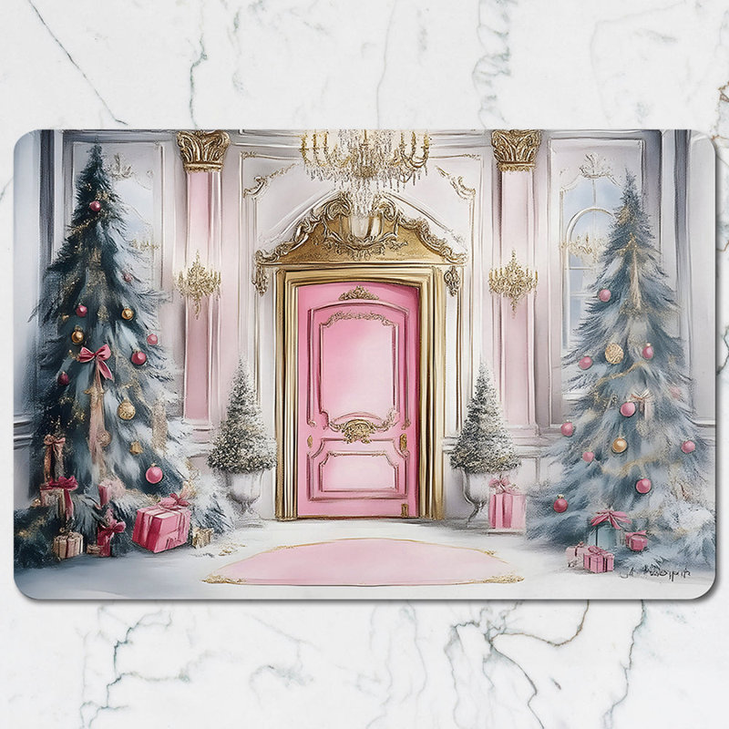 Elegant Christmas Placemats And Coaster Set With Pink Door Scene