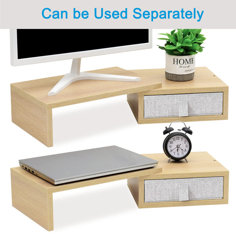 Dual Monitor Stand Riser with 2 Drawers-Length and Angle Adjustable shelf Riser with Storage, Maple