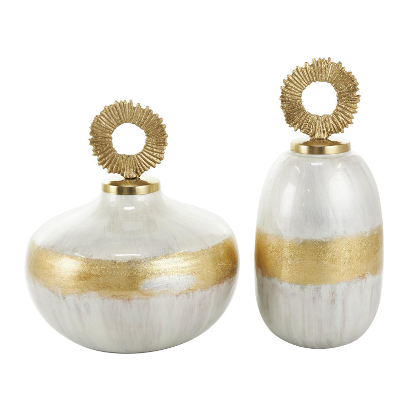 Malijah Metal Ombre Blue Decorative Jars with Brown Accents and Silver Ring Handles Set, Gold/White