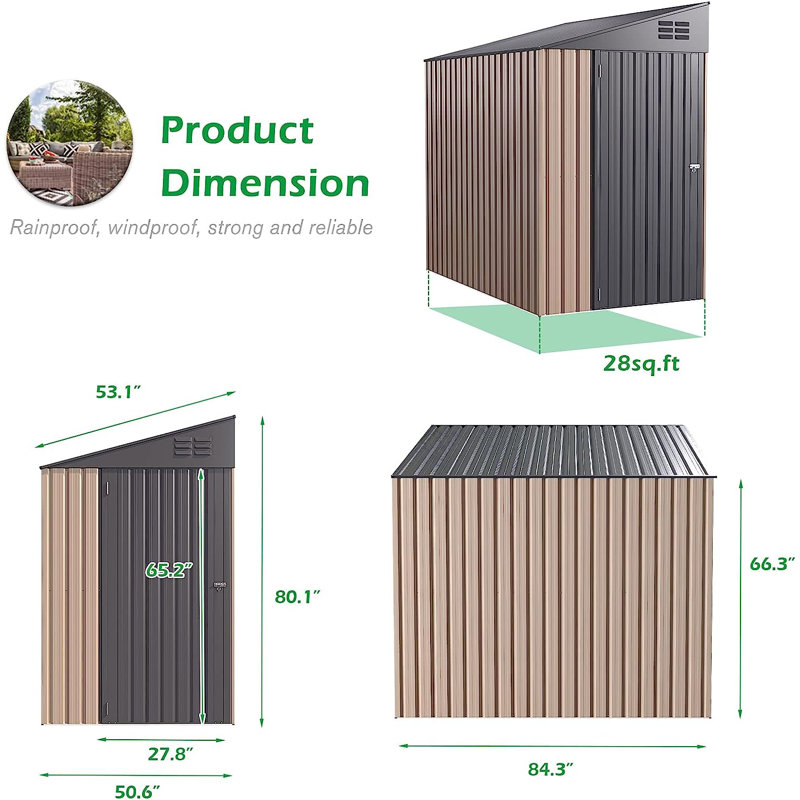 4. ft. W X 7 ft. D Metal Lean-To Storage Shed, Brown/Dark Gray