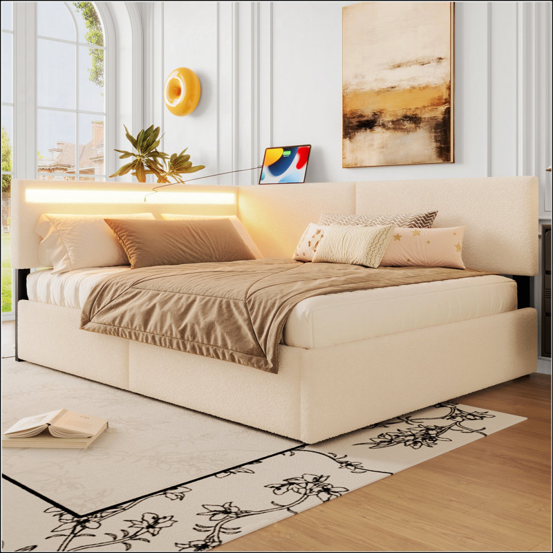 Base de lit simple à double boucle, structure de lit tapissier avec tête de lit, avec 2 tiroirs de rangement, lumière DEL et charge USB, pieds et lattes en bois massif, aucun sommier nécessaire, beige