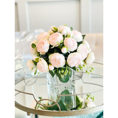 Rose Peony Arrangement, Realistic Artificial Faux Centerpiece In Glass Vase