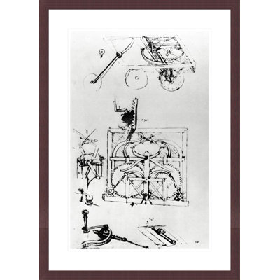 Perspective and plan drawings of automotive wagon moved by system of springs and equipped with differential transmission Fol. 296 (verso)-a from the Codex Atlanticus by Leonardo da Vinci -Framed Giclee Print
