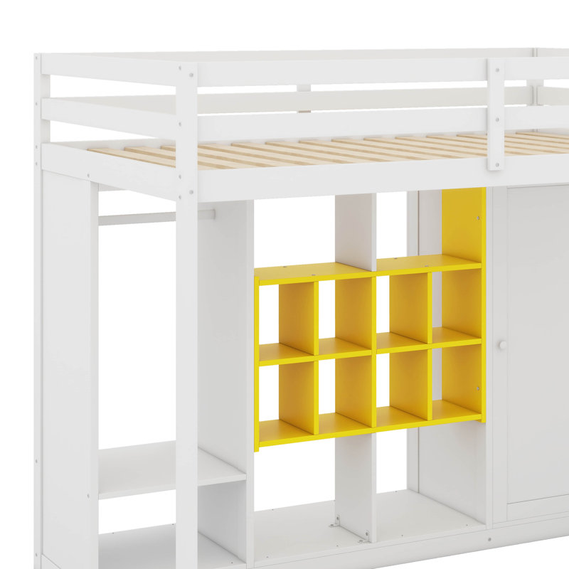 Twin Size Wood Loft Bed With Wardrobe, Shelves And Cabinet, White/Yellow