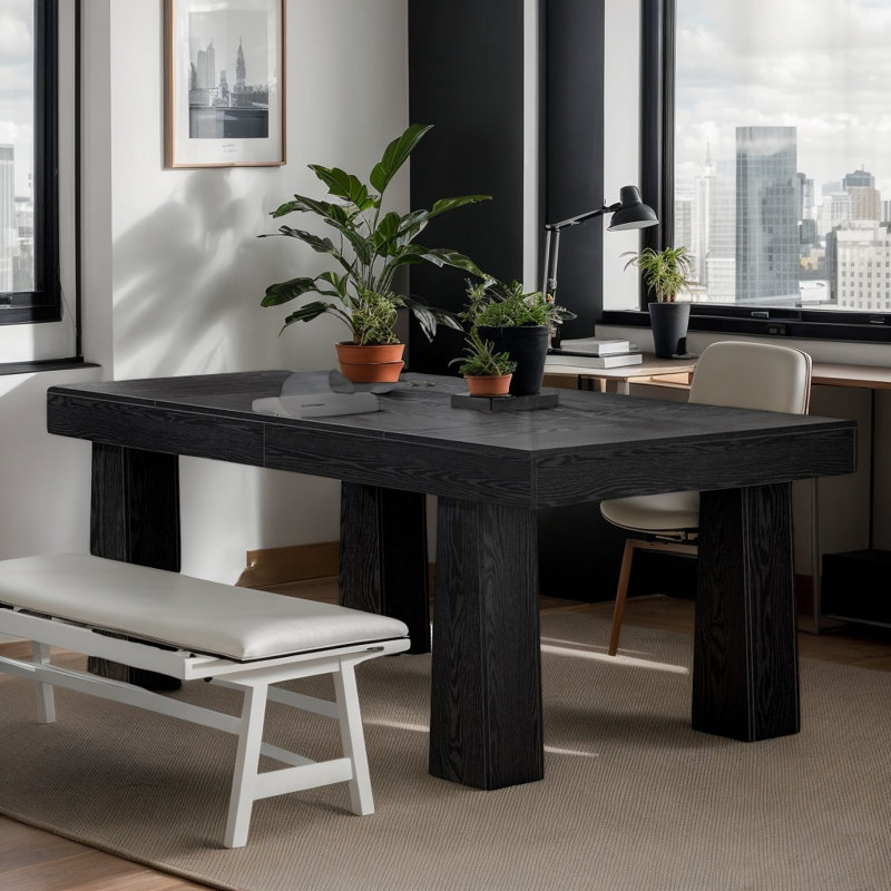 Table de salle à manger noire moderne pour 4 à 6 personnes, table de cuisine industrielle élégante avec pieds fuselés