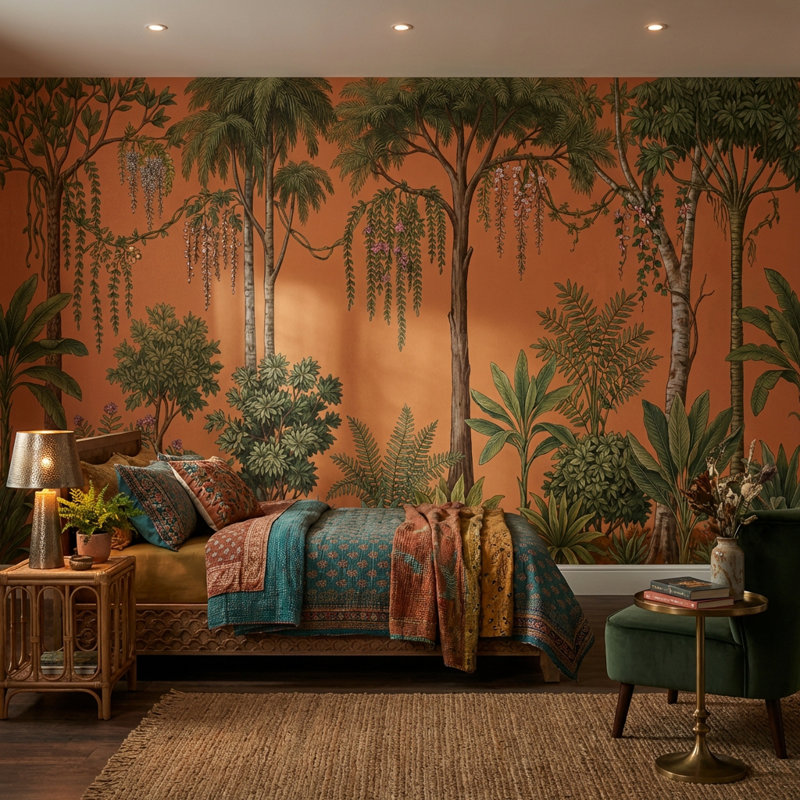 Tropical Botanical Wallpaper Terracotta Background Palm Trees Removable Wall Decor, Non-Woven Nonpasted, 160"x108"