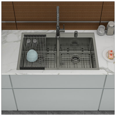 Double Bowl Drop In Sink- 33"X22" Gunmetal Black  Double Bowl Kitchen Sink 16 Gauge With Two 10" Deep Basin