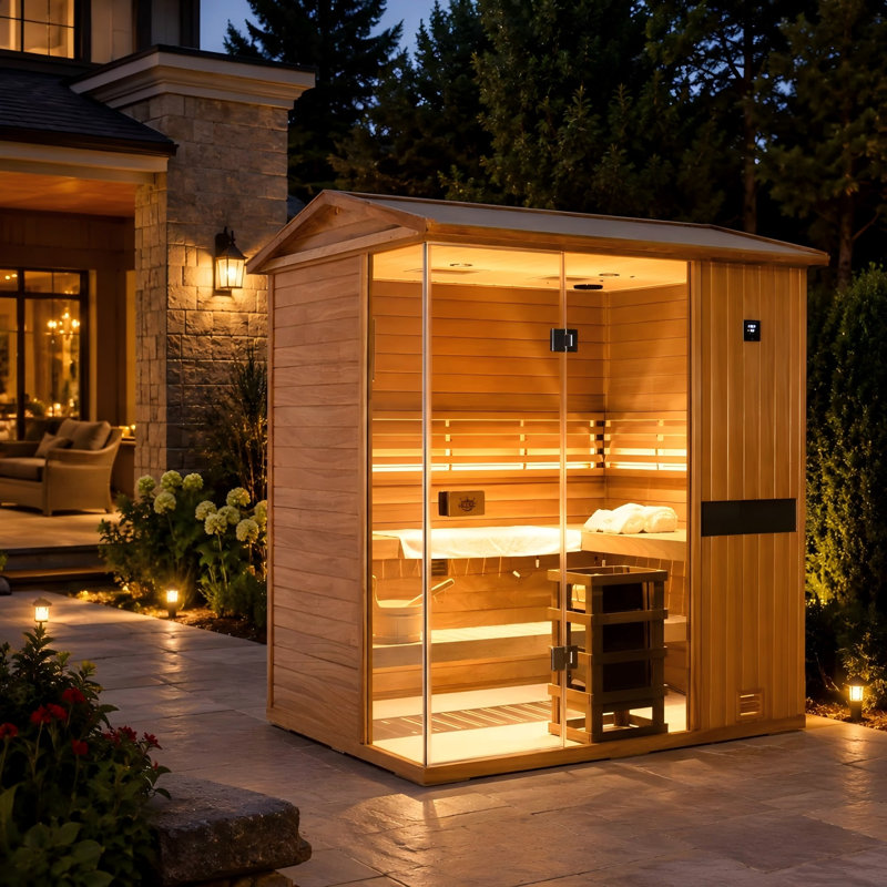 Samsora Outdoor Traditional Steam Sauna for 4-Person, 3800W/240V, Mid-Infrared Lamp, 95℉-230℉, Mahogany Wood, Built-In Bluetooth Speaker, Includes Sauna Heater and Sauna Stone, Negative Ion Board