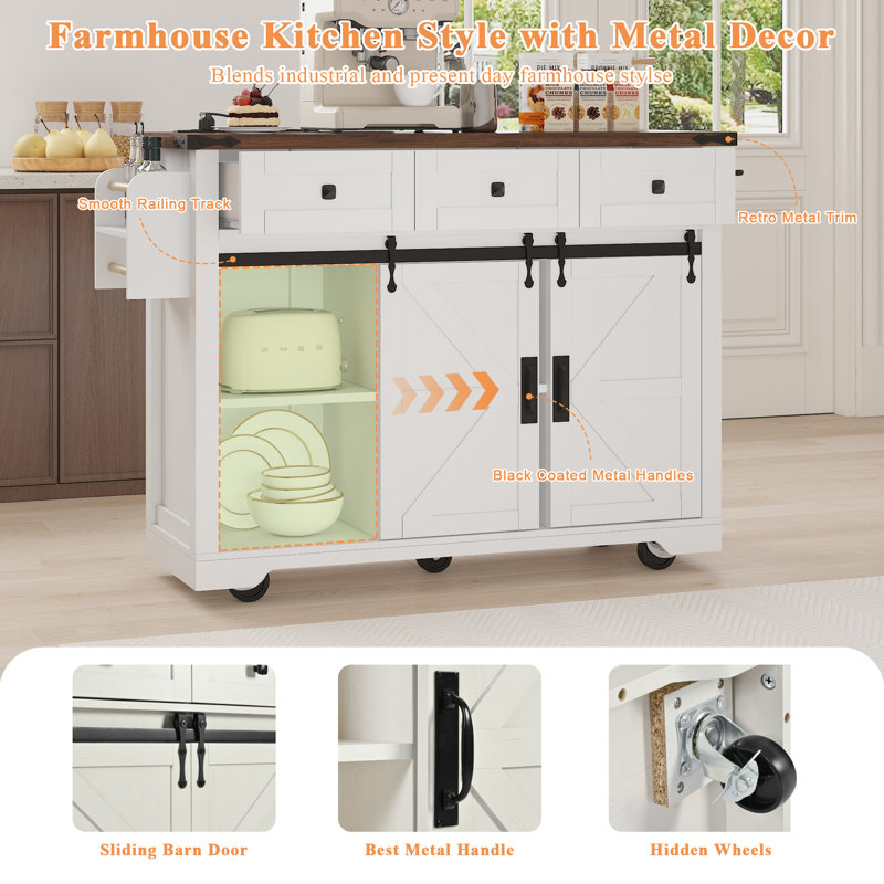 Îlot de cuisine de ferme avec prise de courant, 2 îlots de rangement pour porte de grange coulissante avec abattant