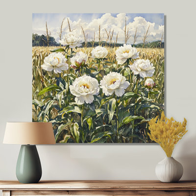 Été pivoines dans le champ de maïs III - reproduction d'art traditionnelle en métal, pivoines, décoration murale en métal