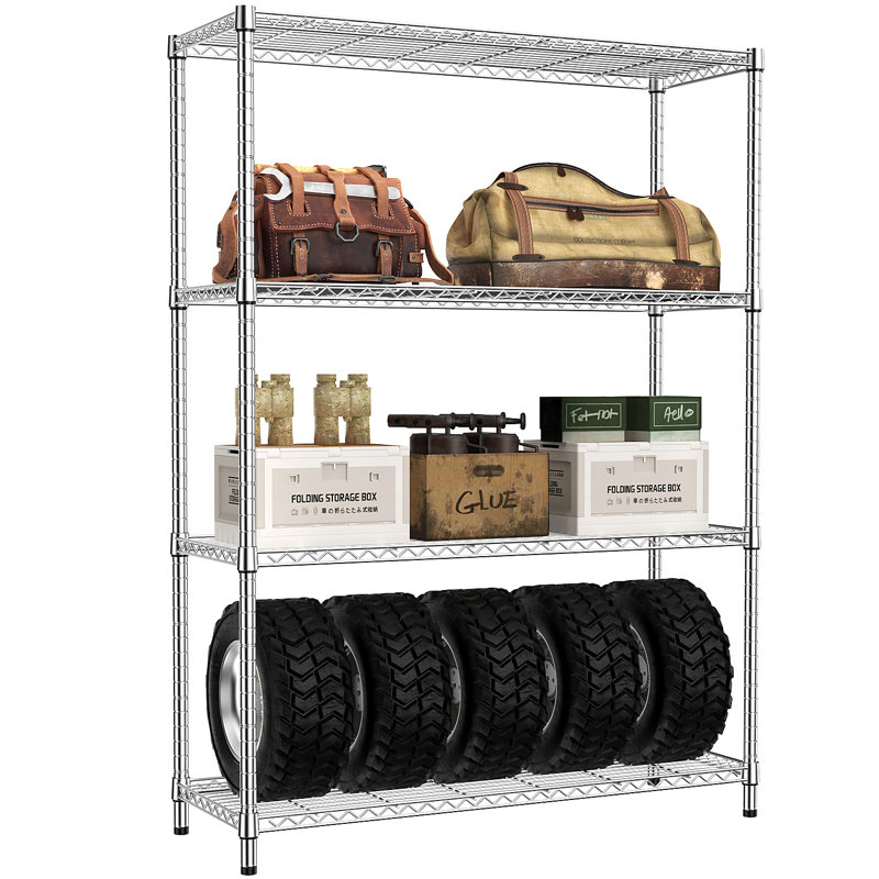  Étagère grillagée 45,3 po à 4 niveaux, support de rangement réglable pour la cuisine, le garde-manger, la salle de lavage, le garage et l'organisation de la maison, chrome
