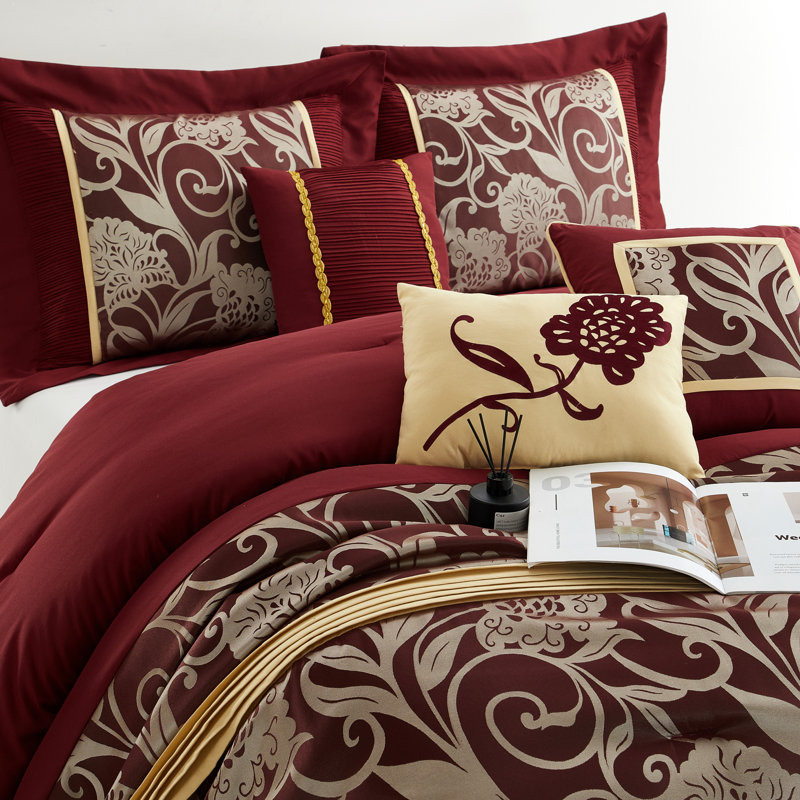Burgundy and Gold King Microfiber Floral Comforter Set