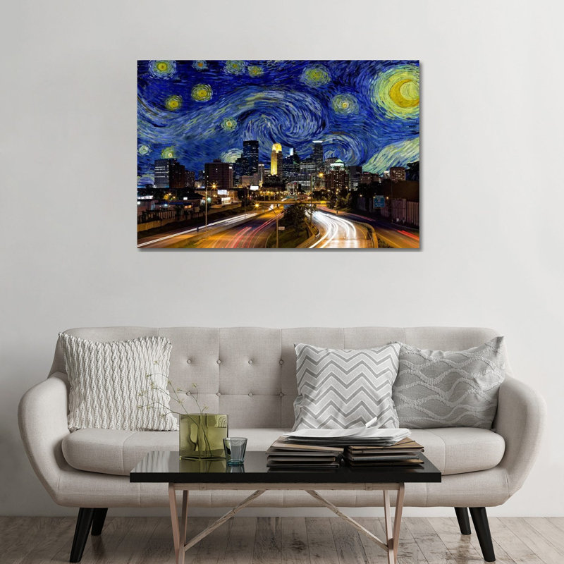 Minneapolis, Minnesota, nuit étoilée, impression d'art graphique, Toile tendue, Aucun mat, H 32 po x l 48 po x 1,5 po