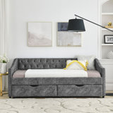 Twin Size Daybed With Drawers Upholstered Tufted Sofa Bed, With Button On Back And Copper Nail On Waved Shape Arms