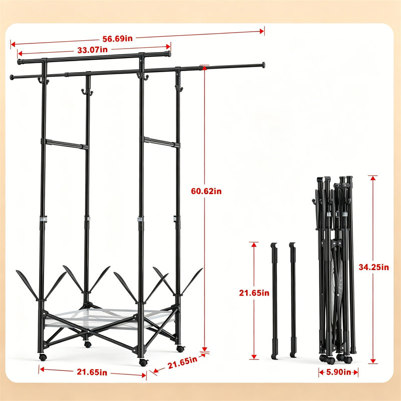 Portable Foldable Clothes Drying Rack with Adjustable Double Extendable Rods, Black, Black