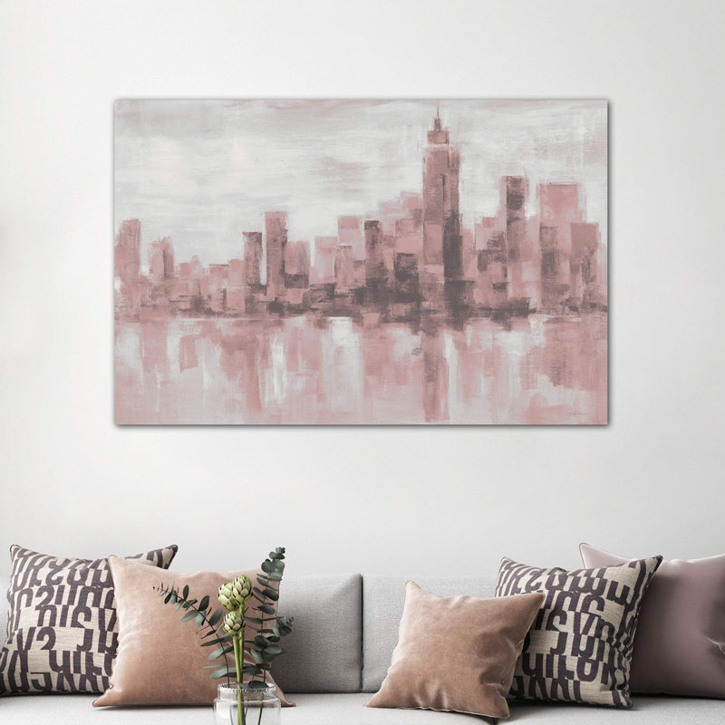 Misty Day In Manhattan Pink Gray by Silvia Vassileva - Wrapped Canvas Painting, 152.5 cm H x 101.5 cm W