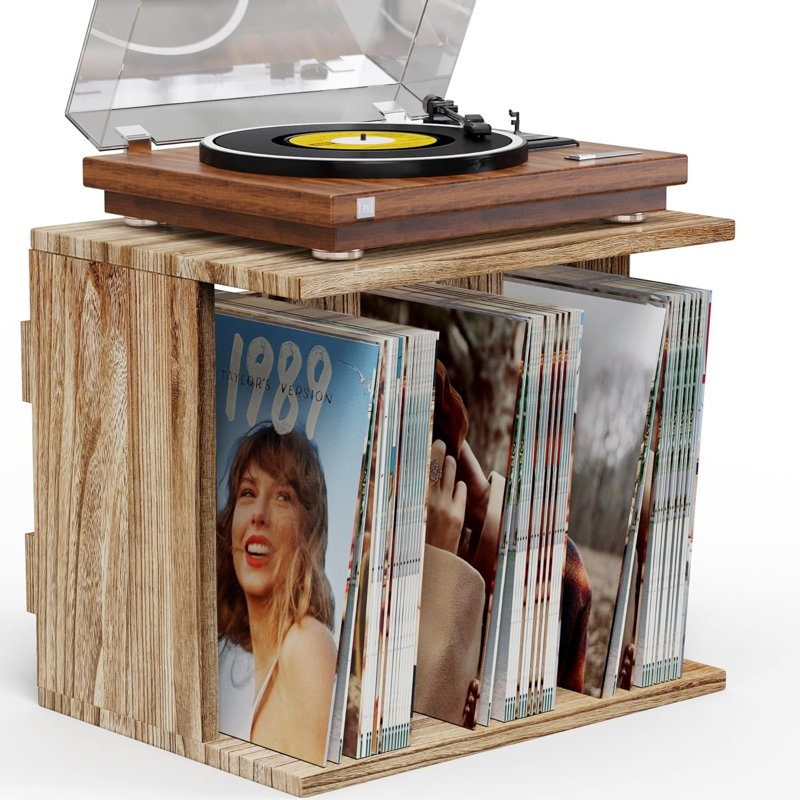 Record Player Stand, 3-compartment Record Holder With Vinyl Storage, Up To 80-100 Albums,, Black