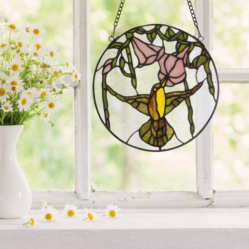 10"H Hummingbird and Hibiscus Round Stained Glass Window Panel