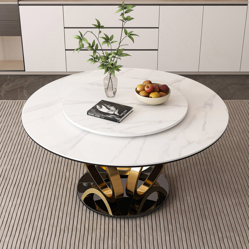 Table de salle à manger ronde 53 po 53 po avec plateau tournant à 360 ° lisse et résistant aux taches et à la chaleur, design minimaliste moderne pour la salle à manger, la cuisine, le coin-repas et l'espace compact (table seulement)