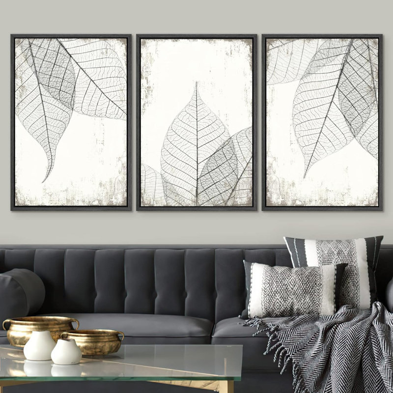 Leaves " Black White Transparent Leaf Collage " 3 - Pieces, 24" H x 48" W x 1.5" D, Black