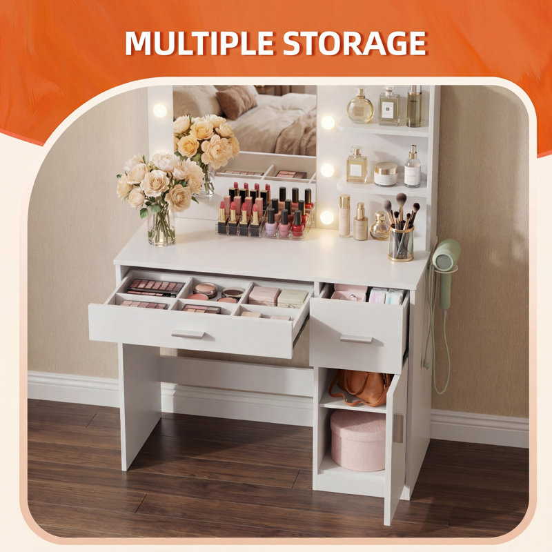 Vanity Table Set with Lights, Mirror & Storage, Makeup Vanity Desk with Power Outlet for Bedroom, White
