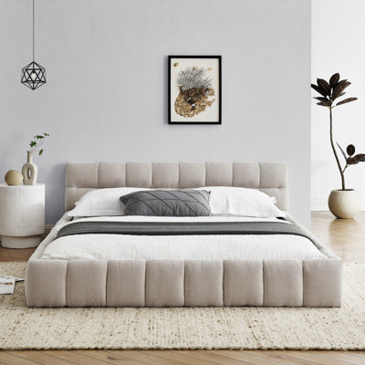 Structure de lit tapissier grand format avec tissu en chenille épais, support solide, pas de sommier tapissier, design chic moderne