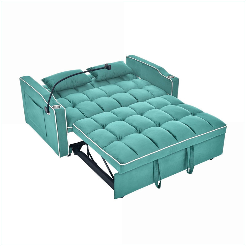 Canapé-lit convertible, futon pliable en velours moderne pour petits espaces de 55,5 pouces | Bleu-vert antique | Bois massif