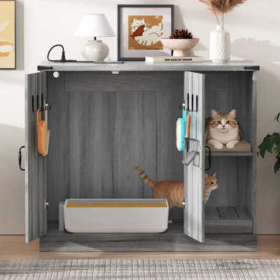 Armoire à litière pour chat gris avec prise de courant intégrée, enceinte cachée pour les grandes bacs à litière automatiques