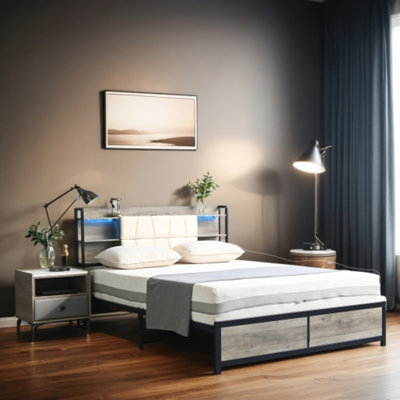 Wrought Studio Bed Frame with Headboard & Storage Bookcase & Charging Station & LED Lights, White