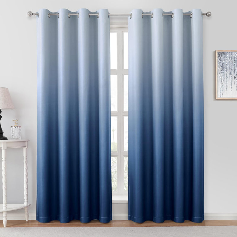 Navy Blue Ombre Blackout Curtains 52 X 84 Inch Length Gradient Room Darkening Thermal Insulated Energy Saving Grommet 2 Panels Window Drapes For Living Room, Bedroom
