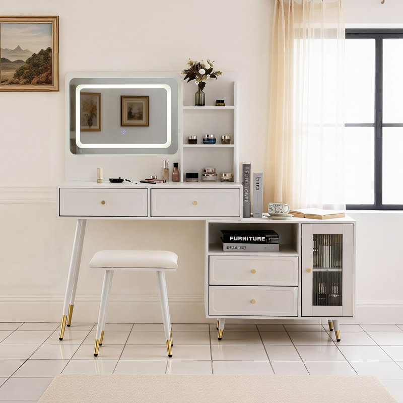 Modern Makeup Vanity Desk Set With Mirror And Lights, Retractable Dressing Table With Drawers, Cabinet, Power Outlet, White