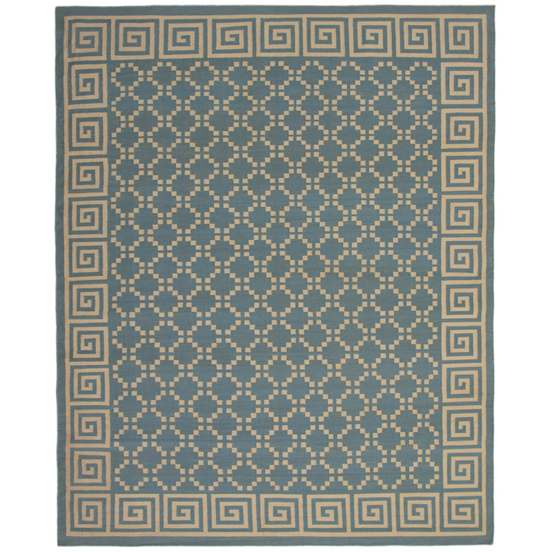 Tapis bleu / brun en laine tissé à la main et à plat 9 pi 4 po x 11 pi 9 po
