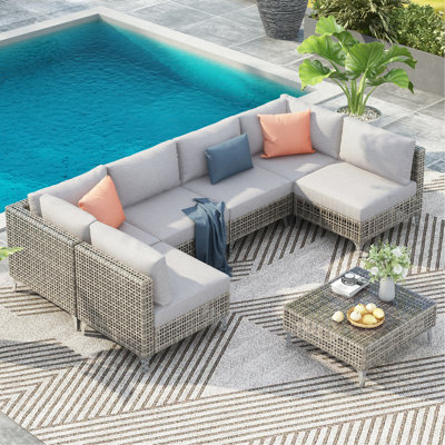 Ensemble de canapé modulaire d'extérieur en osier 7 pièces avec coussins et table basse résistants à l'eau, gris