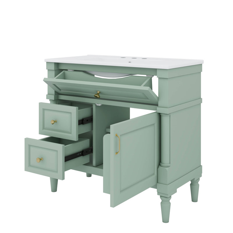 36" Freestanding Bathroom Vanity With Sink – Ceramic Basin, Flip Drawer, Adjustable Shelf, Rubberwood Frame With MDF Panels