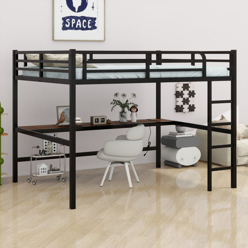 Metal Loft Bed With Power Outlet And LED Lighted, Black