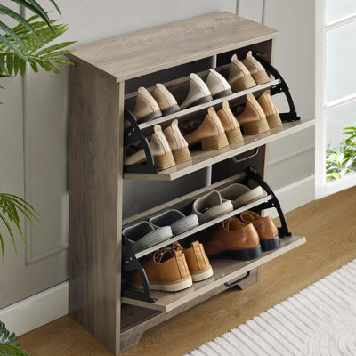 Range-chaussures pour hall d'entrée avec 2 tiroirs rabattables, armoire de rangement pour chaussures en bois, 2 niveaux autoportants, organisateur de chaussures mince et élégant pour le vestibule, le couloir et le salon