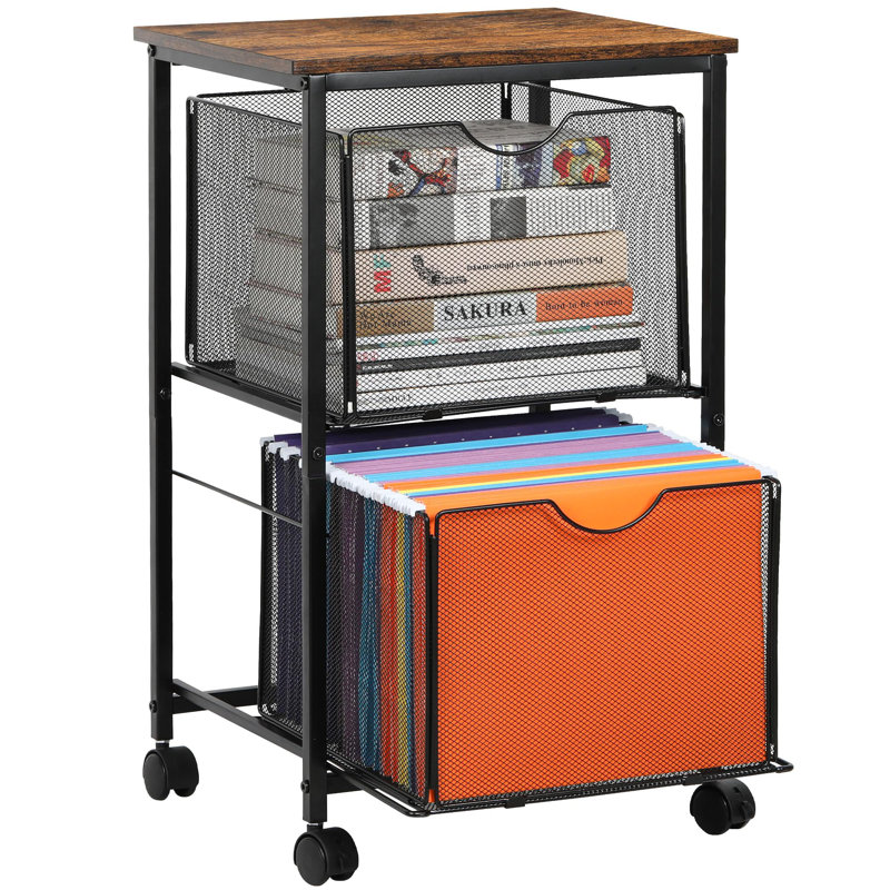 Mesh File Cart With 2 Drawers & Swivel Casters, Lockable Rolling File Organizer Cabinet For Office