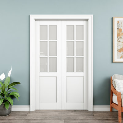 48" x 80" 6-Lite Frosted Glass Interior Double Pocket Door, Tempered Glass Door Slab with Privacy, Paintable & Waterproof, As Laundry Doors, Closet Doors, Room Doors