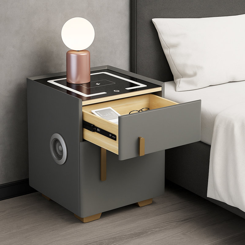Smart Nightstand With Lockable Safe – Dual Drawers, Wireless Charging, Usb Ports, Led Light & Bluetooth Speaker, Green Finish, Fully Assembled