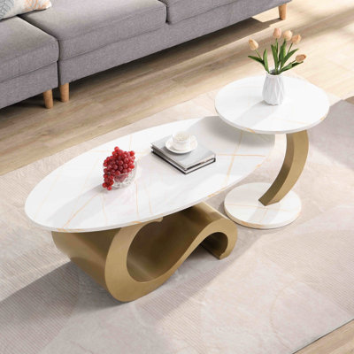 Ensemble de 2 tables basses pour la vie - dorées, ovales et rondes, 2 pièces dorées modernes et robustes