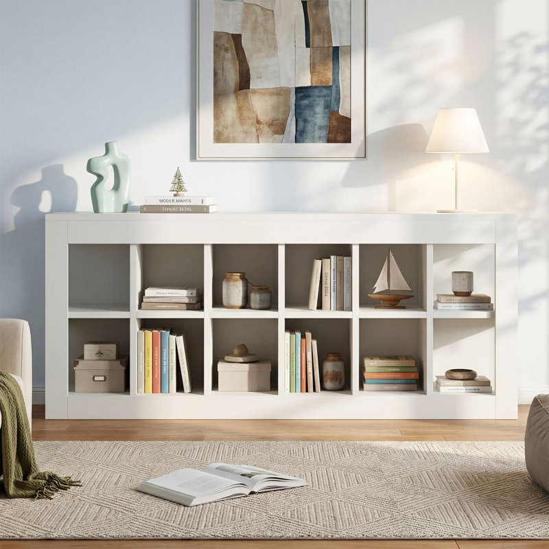 Bibliothèque de rangement à 12 cubes, tablette de rangement basse, l 52,36 po x P 13,78 po x H 21,26 po, blanc