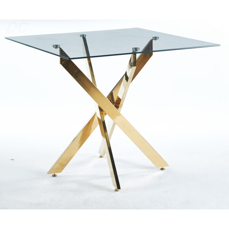 Table de salle à manger avec pieds croisés en métal et verre trempé, table de cuisine moderne pour le salon, pieds chromés, table carrée, pieds dorés, table de 90 x 90 x 75 cm