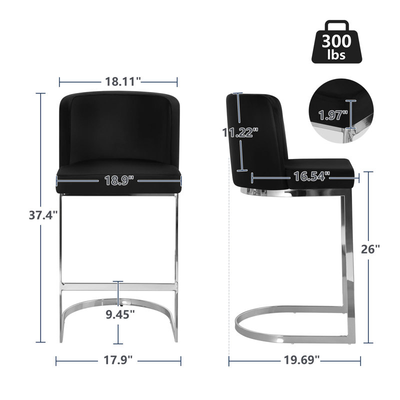 Tabouret de comptoir rembourré 26 po Bittencourt, Velours - noir, 3